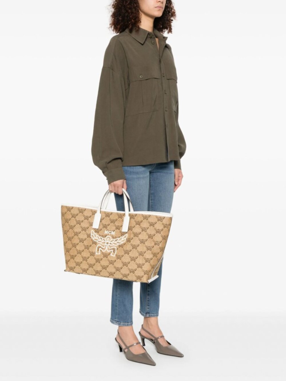 $780 NWD MCM Neige Himmel Canvas Shopper Medium Leather Tote